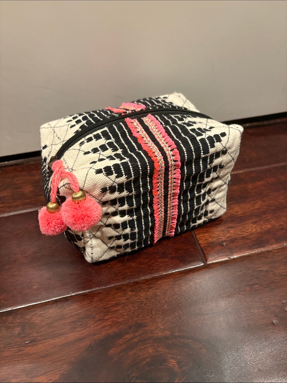 Black & Cream Patterned Cosmetic Bag with Pink Trim